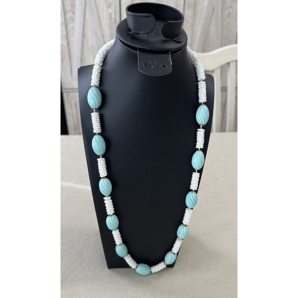 Vintage White Bead Turquoise Blue Lucite Necklace Mid Century Statement‎ Jewelry